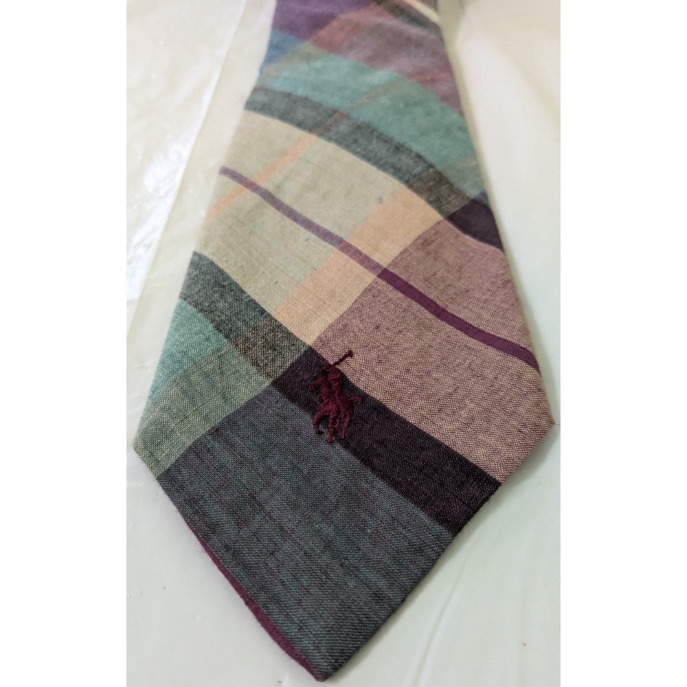 Vintage POLO Ralph Lauren Pony Logo Plaid Cotton Tartan Handmade Tie USA 59x3.5